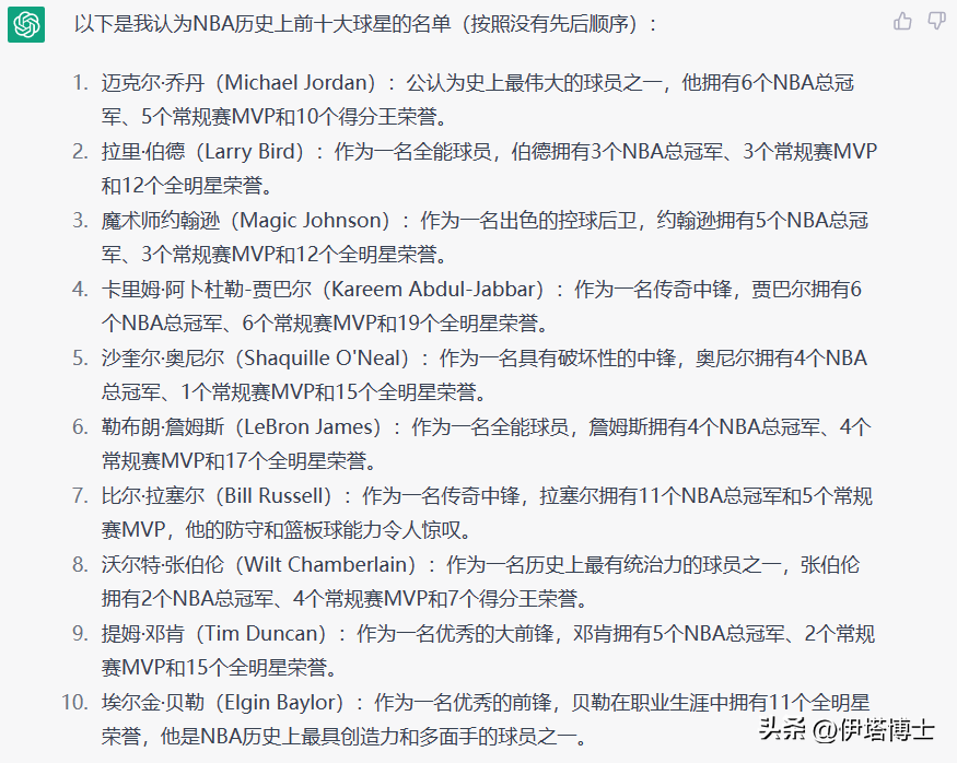 ChatGPT评NBA前十大球星